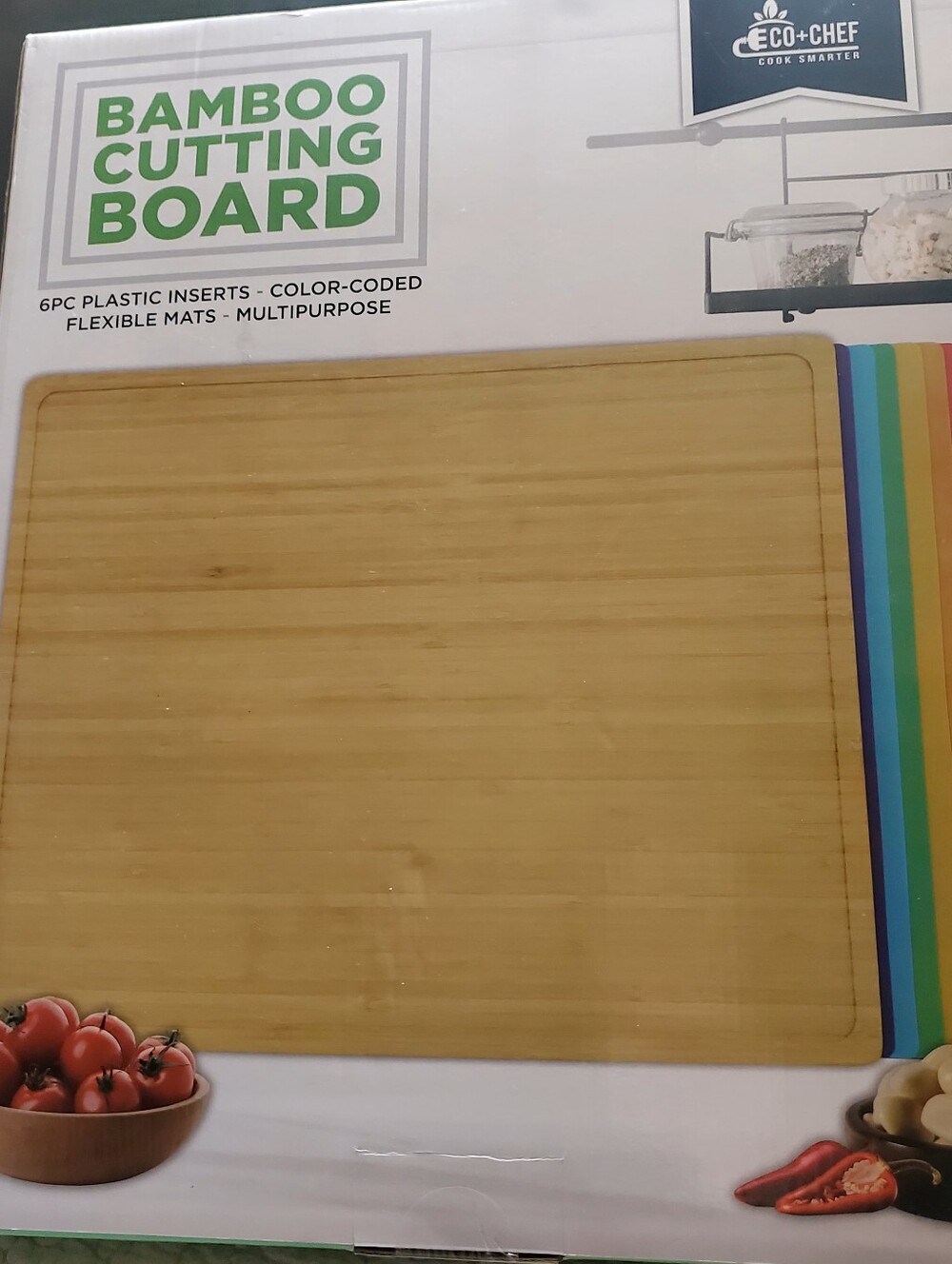 Bamboo Cutting Board with Color-Coded Plastic Inserts - Natural Bamboo